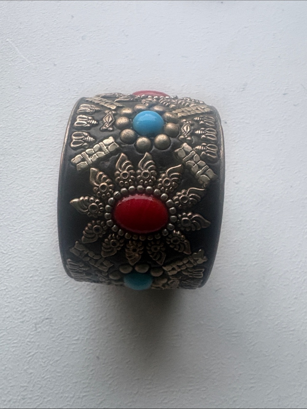 Bohemian Red and Turquoise Stone Wide Cuff Bracelet